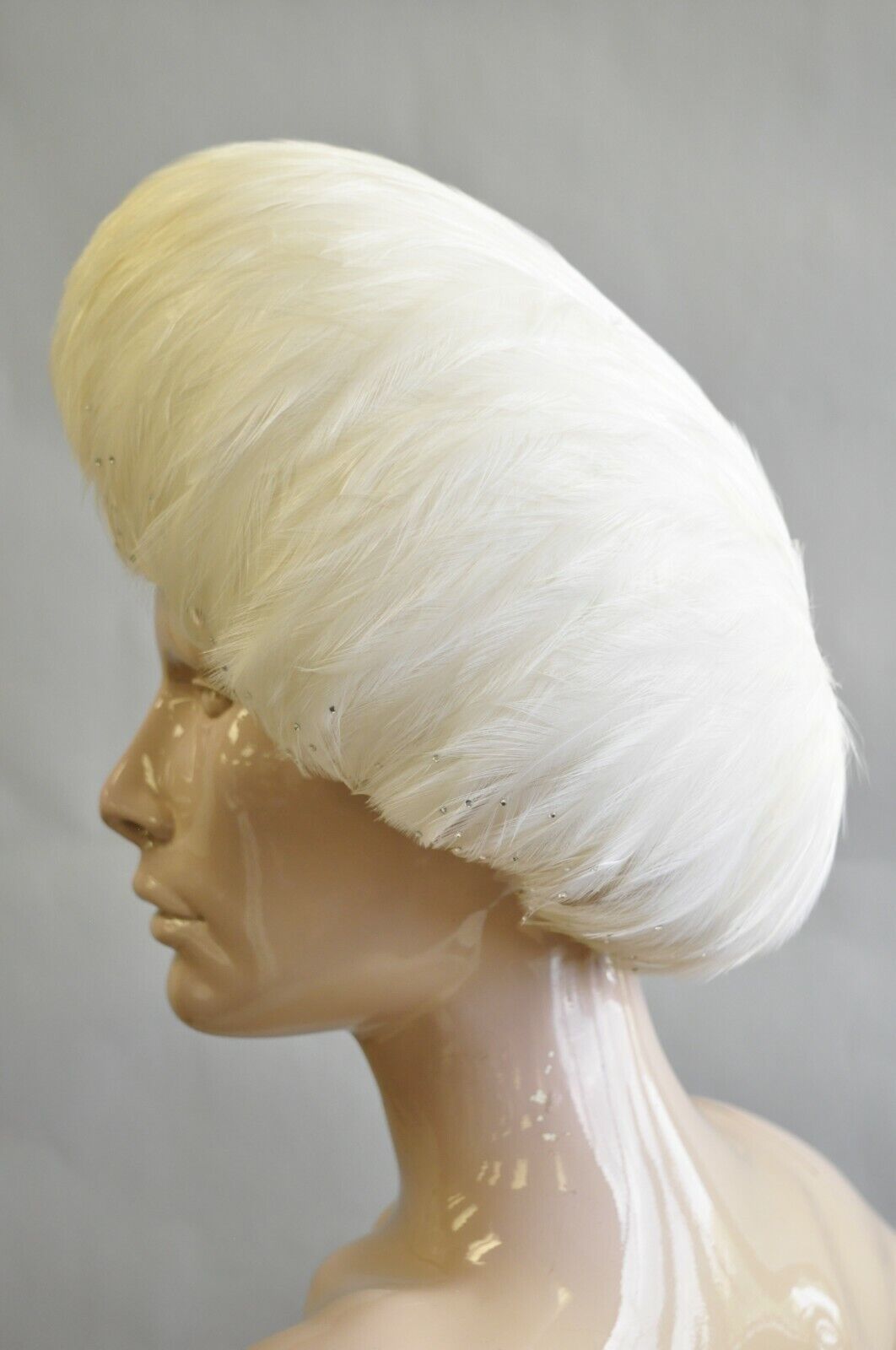 Vintage Jack McConnell White Feather Rhinestone Church Derby Ladies Crown Hat 