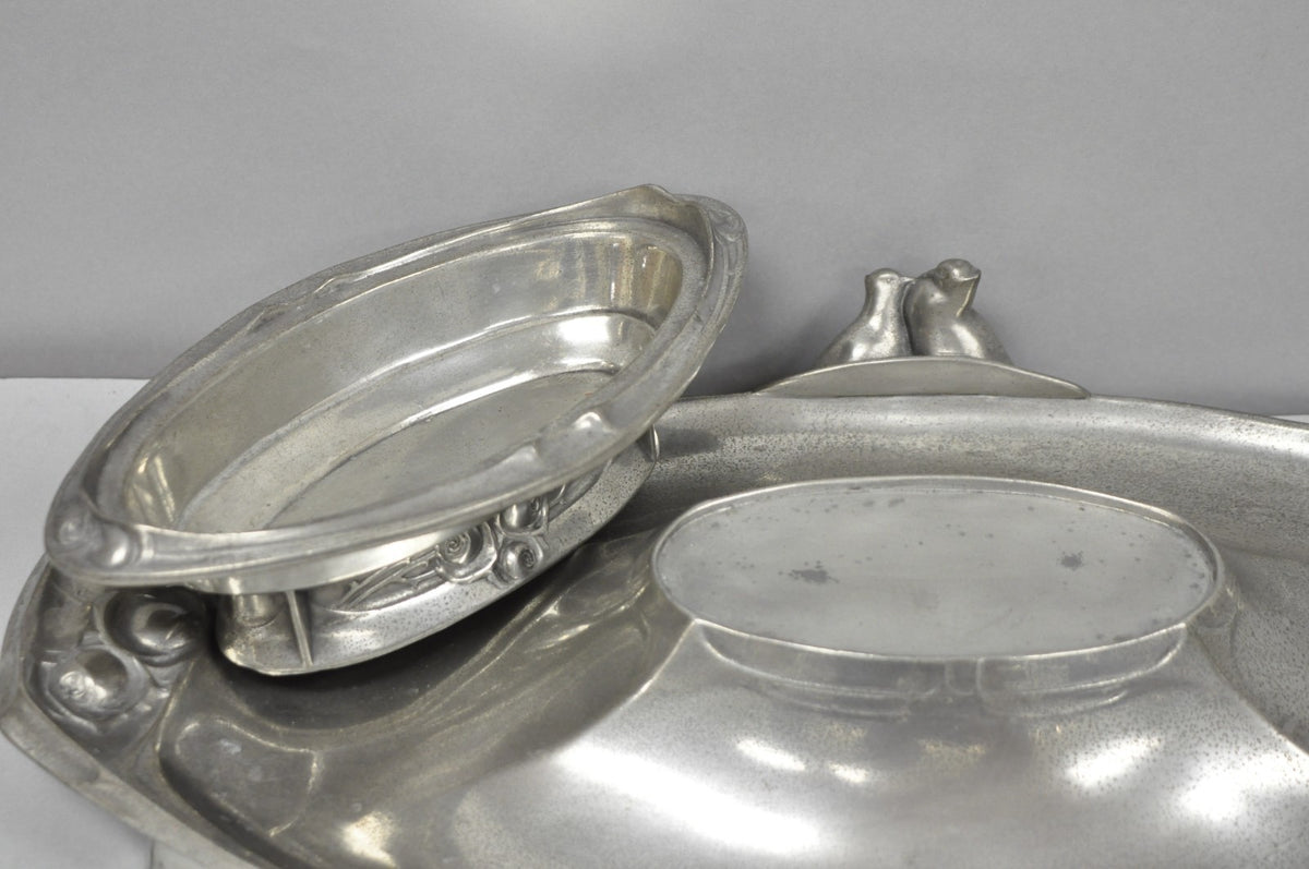 Antique Kayserzinn 4640 German Art Nouveau Pewter Metal Serving Platter w Birds