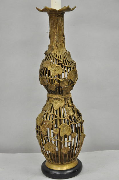 Vintage Italian Hollywood Regency Gold Gilt Metal Lotus & Vine Leaf Table Lamp