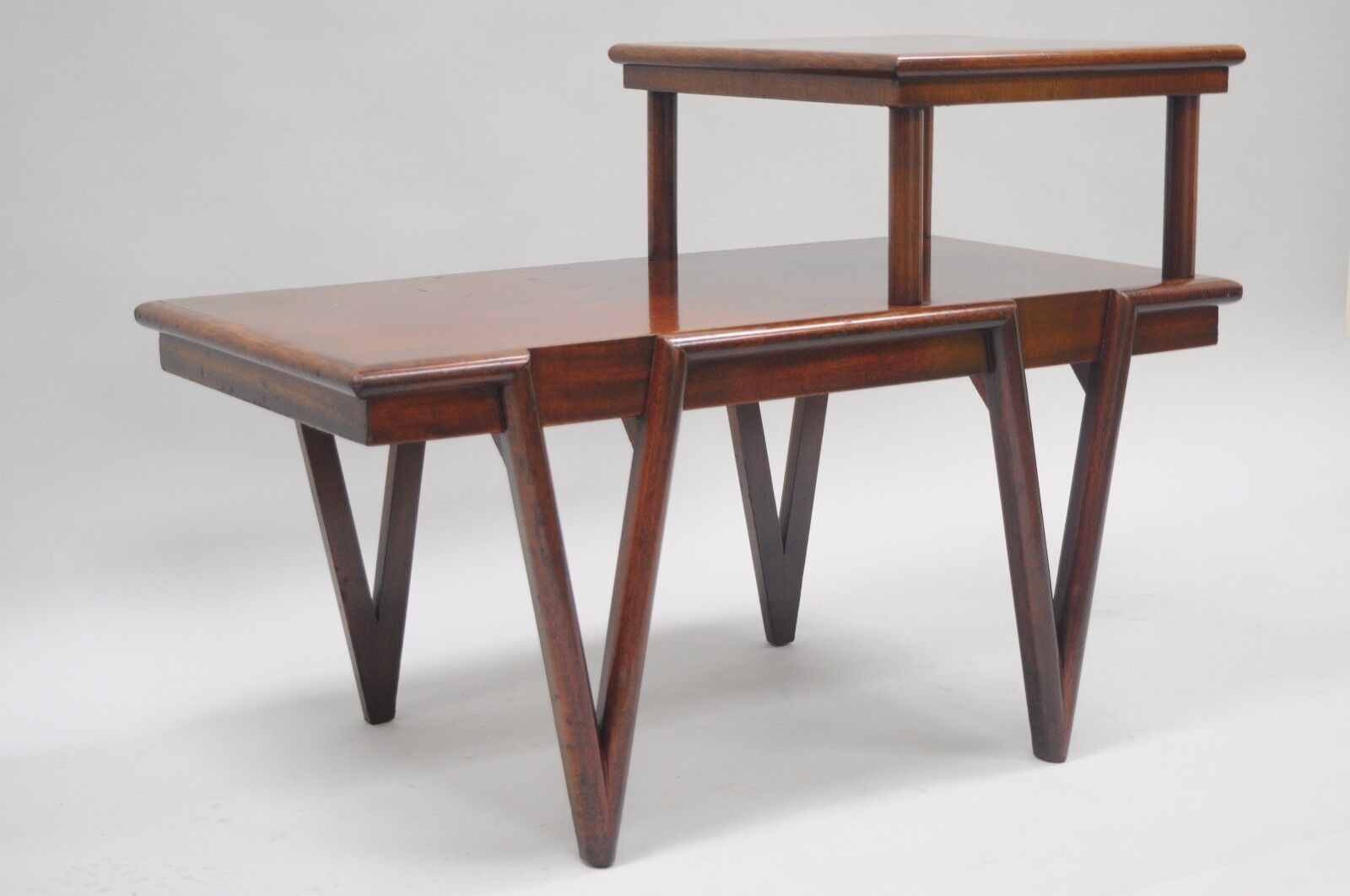 Mid Century Modern V-Leg T.H. Robsjohn Gibbings Style Mahogany Step Side Table