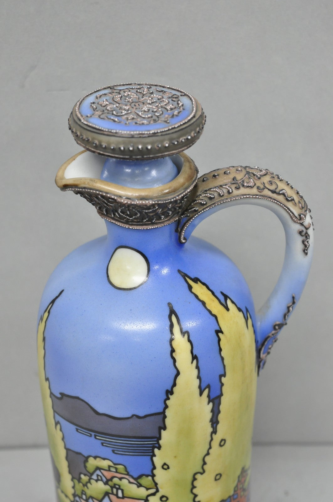 Antique Nippon Hand Painted Blue Halloween Pattern Porcelain Wine Jug w/ Cork