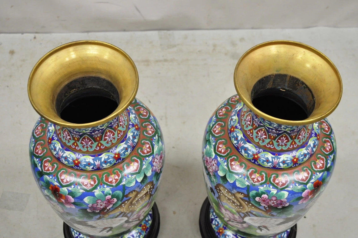 Vintage Chinese Cloisonné Porcelain Enamel Figural Crane and Deer Vase - a Pair