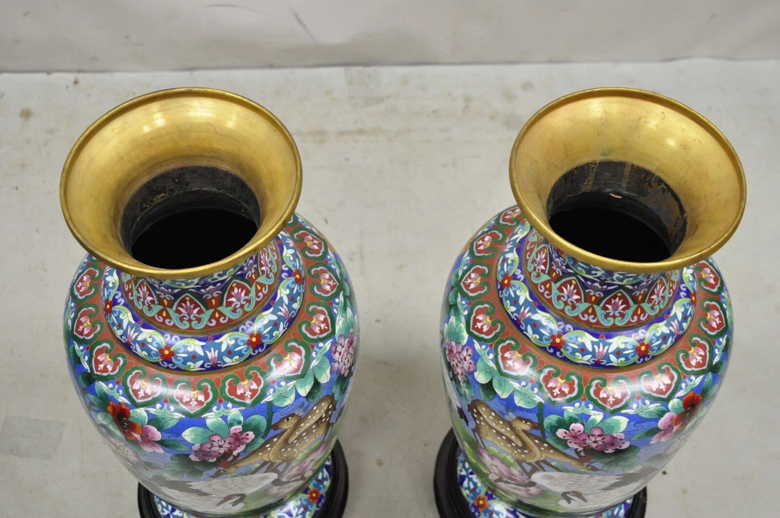 Vintage Chinese Cloisonné Porcelain Enamel Figural Crane and Deer Vase - a Pair