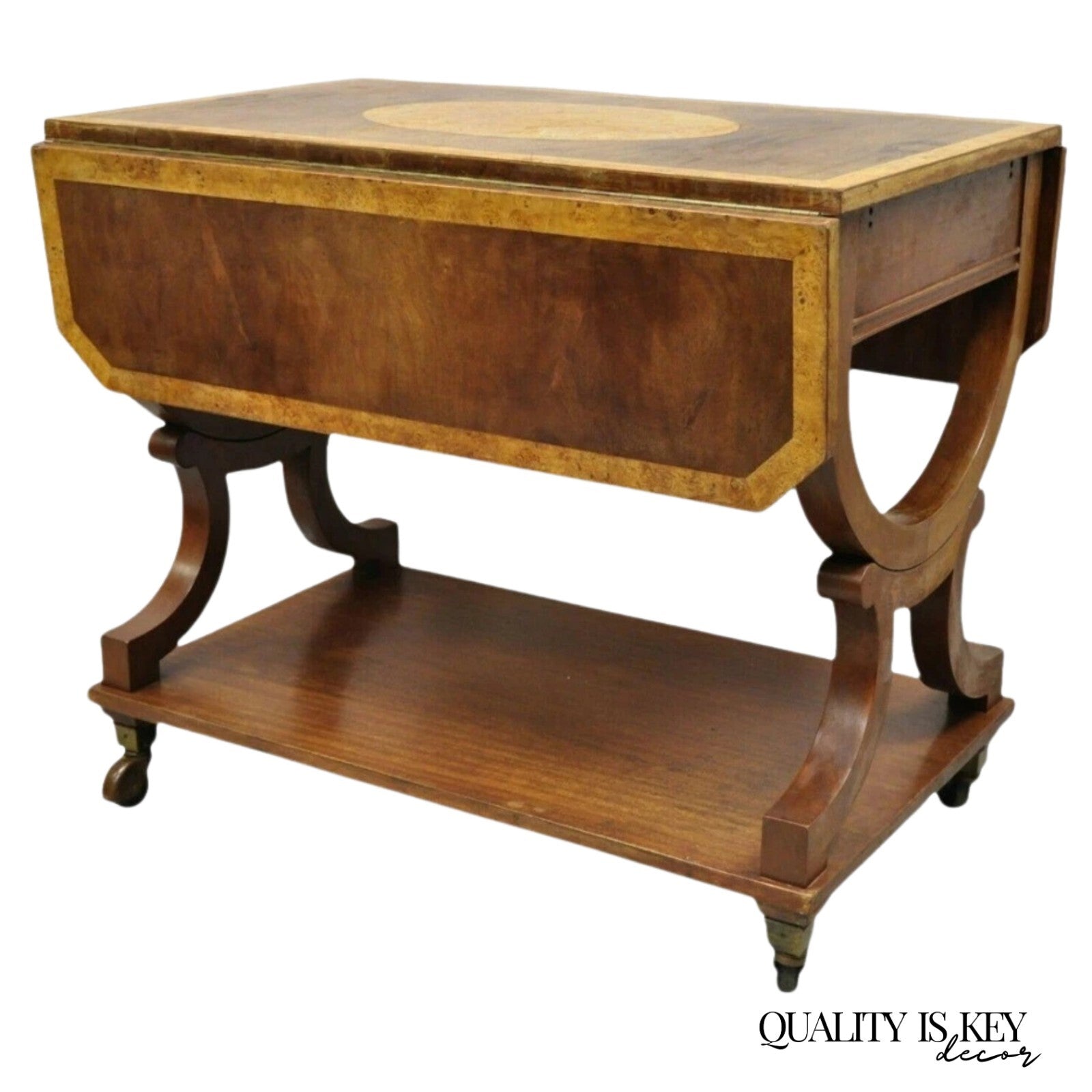 Vintage French Regency Style Dropleaf Mahogany Bar Cart Serving Table on Wheels
