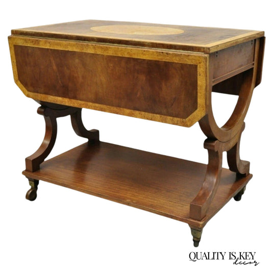 Vintage French Regency Style Dropleaf Mahogany Bar Cart Serving Table on Wheels