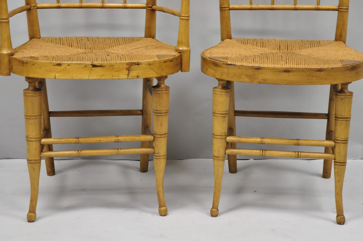 Antique English Regency Faux Bamboo Rush Seat Wooden Dining Chairs - Set of 6
