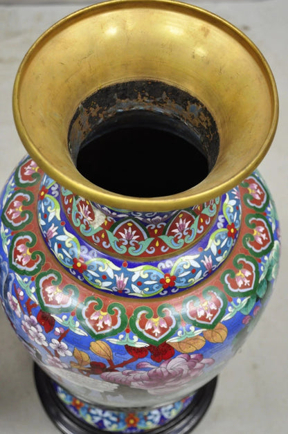 Vintage Chinese Cloisonné Porcelain Enamel Figural Crane and Deer Vase - a Pair
