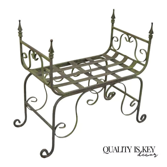 Vintage Gothic Wrought Iron Curule Scrollwork Distressed Green Bench w Finials