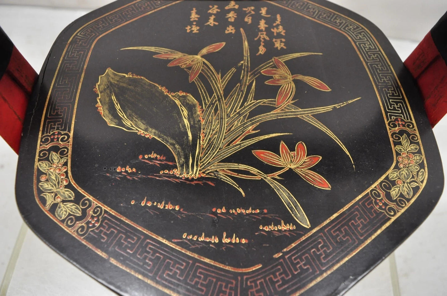 Vintage Chinese Black & Red Lacquer Floral Painted Lidded Wooden Tea Caddy Box