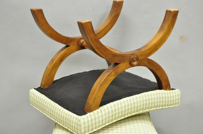 Vintage Italian Neoclassical Style Walnut Wood Curule X-Form Stool - a Pair