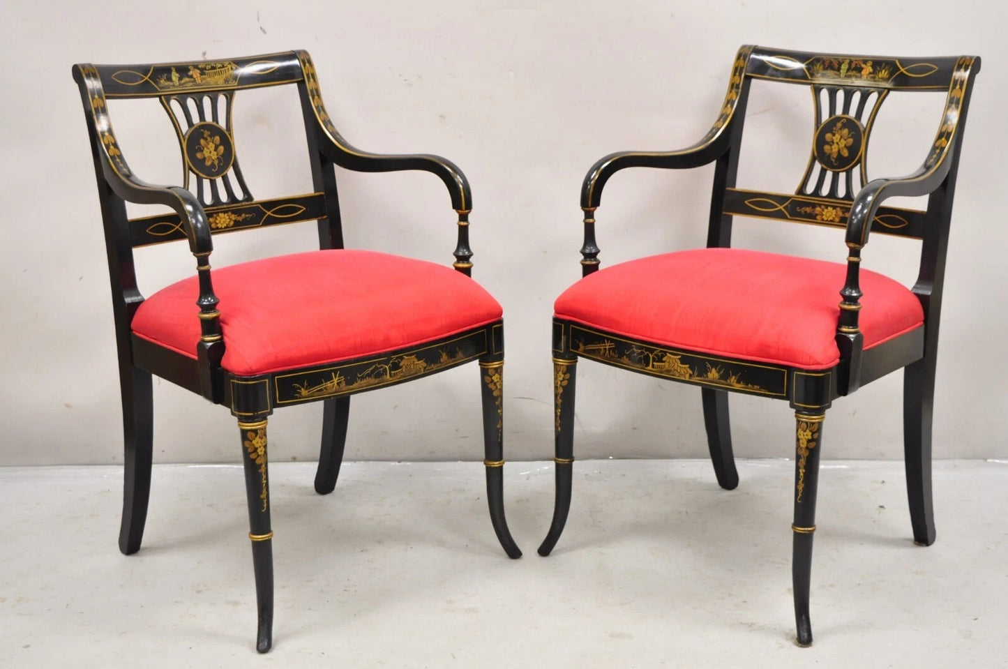 Union National Chinoiserie English Regency Black Painted Dining Chair - Set of 6