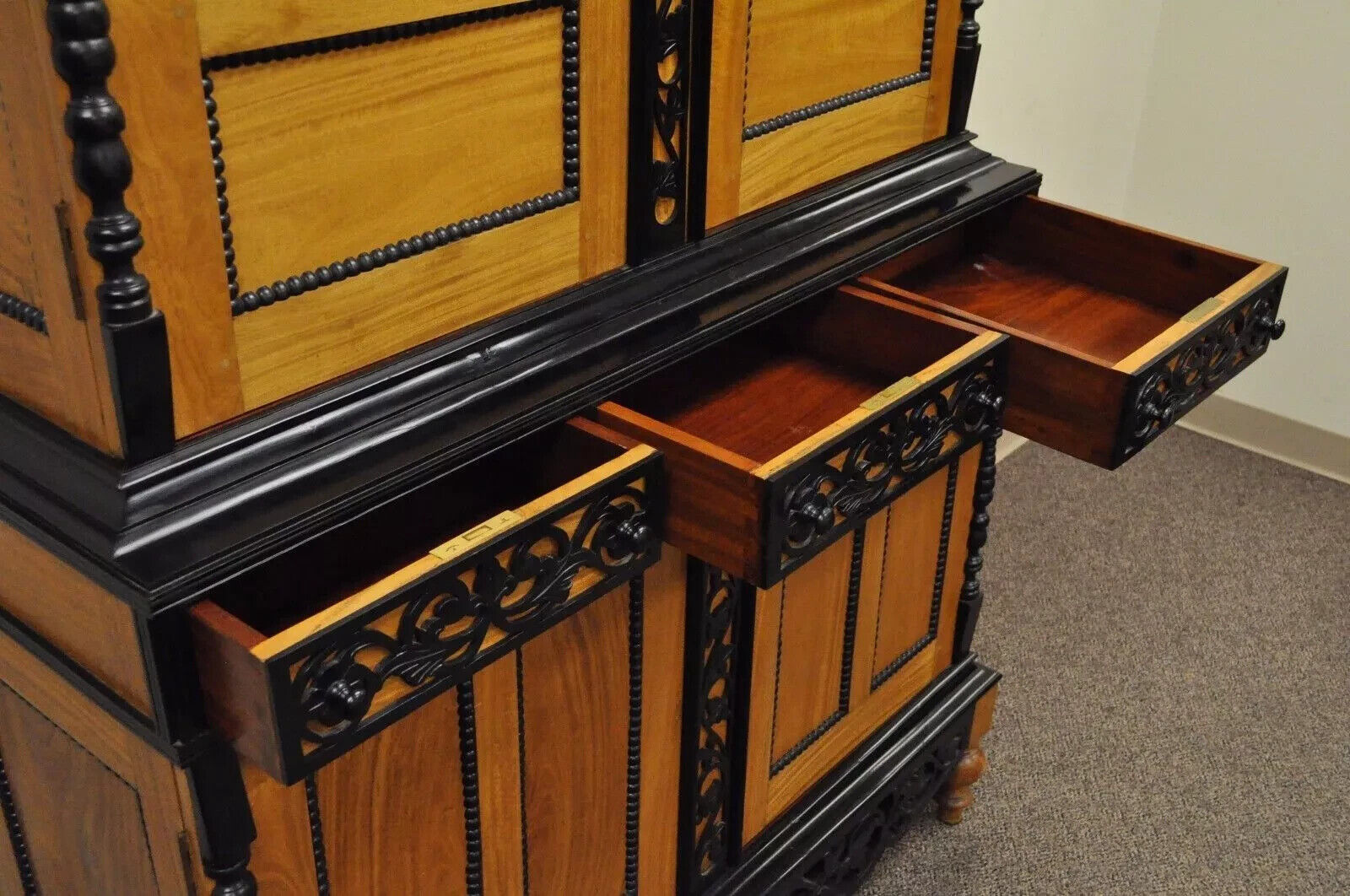 Ceylonese British Colonial Style Satinwood Ebony Mahogany Hutch Cupboard Cabinet