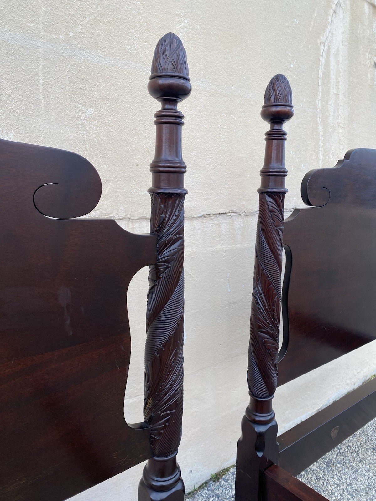 Antique Sheraton Federal Carved Mahogany Acorn Finial Twin Bed by Richter - Pair
