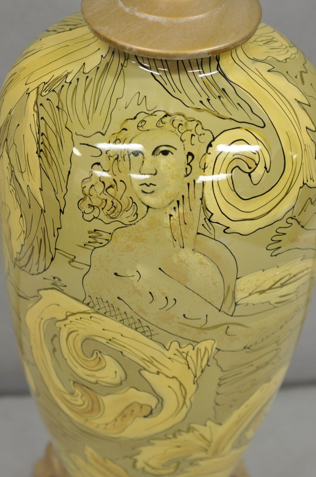 Contemporary Art Nouveau Revival Yellow Glass Jardiniere Table Lamp w/ Figures