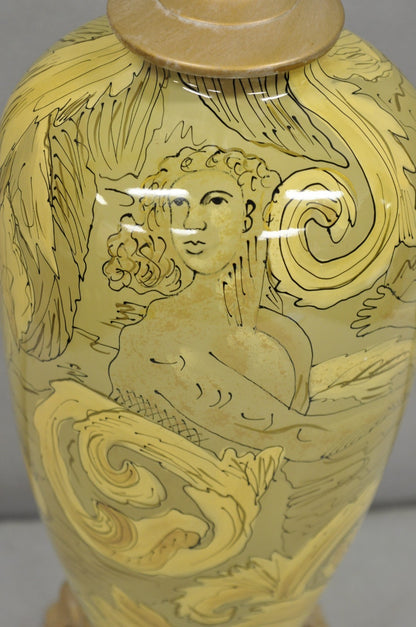 Contemporary Art Nouveau Revival Yellow Glass Jardiniere Table Lamp w/ Figures