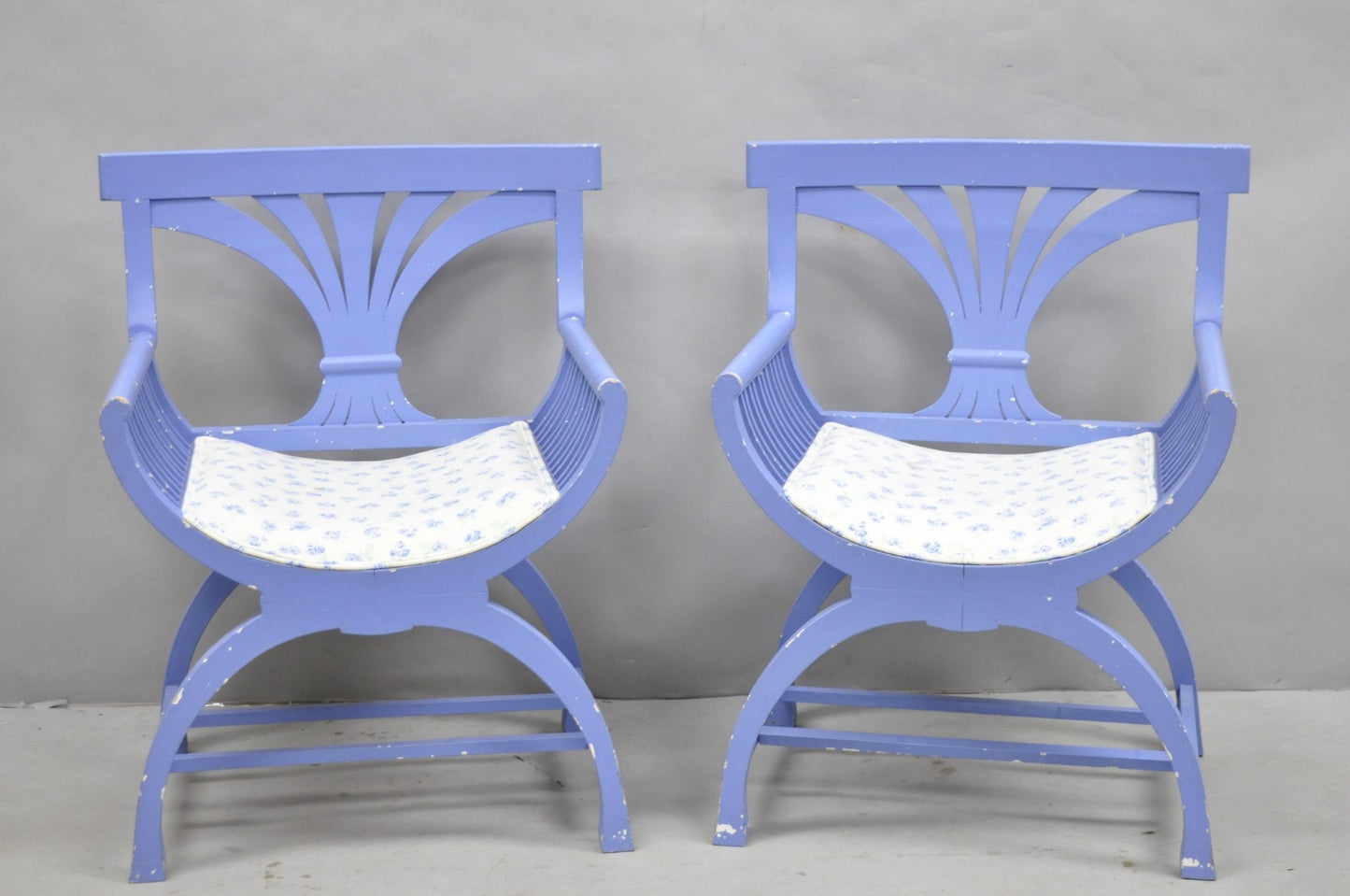 Vintage Hollywood Regency Italian Style Blue Curule X-Frame Arm Chair - a Pair