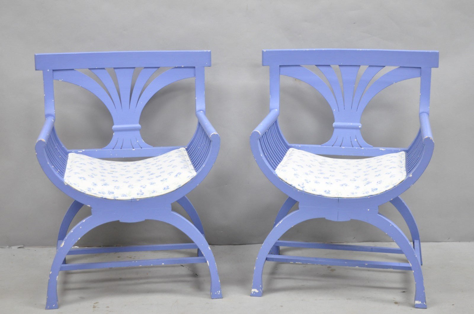 Vintage Hollywood Regency Italian Style Blue Curule X-Frame Arm Chair - a Pair