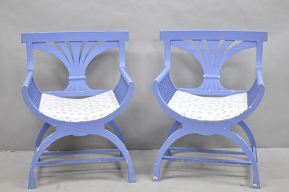 Vintage Hollywood Regency Italian Style Blue Curule X-Frame Arm Chair - a Pair
