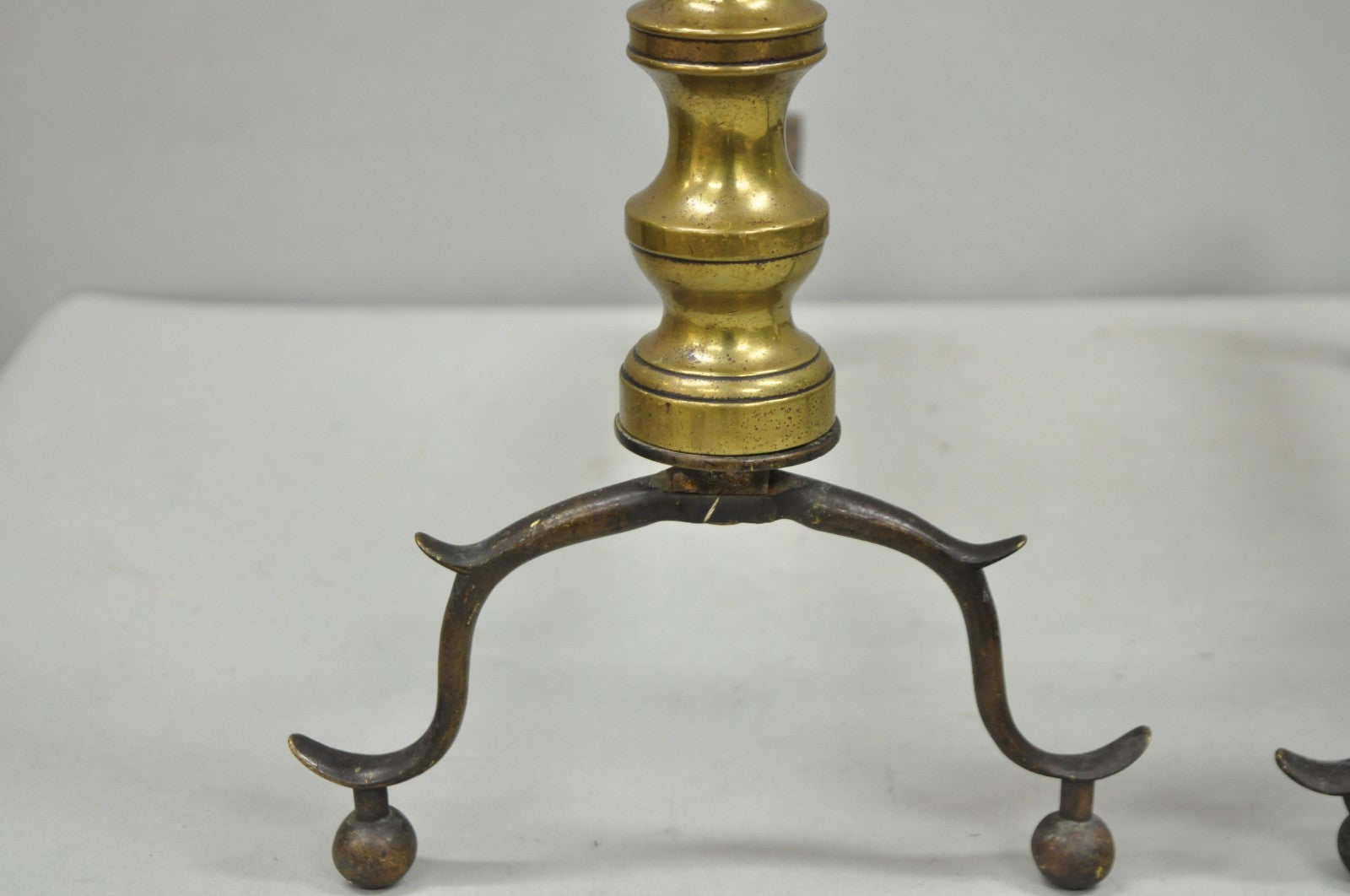 Antique English Federal Brass Branch Leg Cast Iron Fireplace Andirons - a Pair