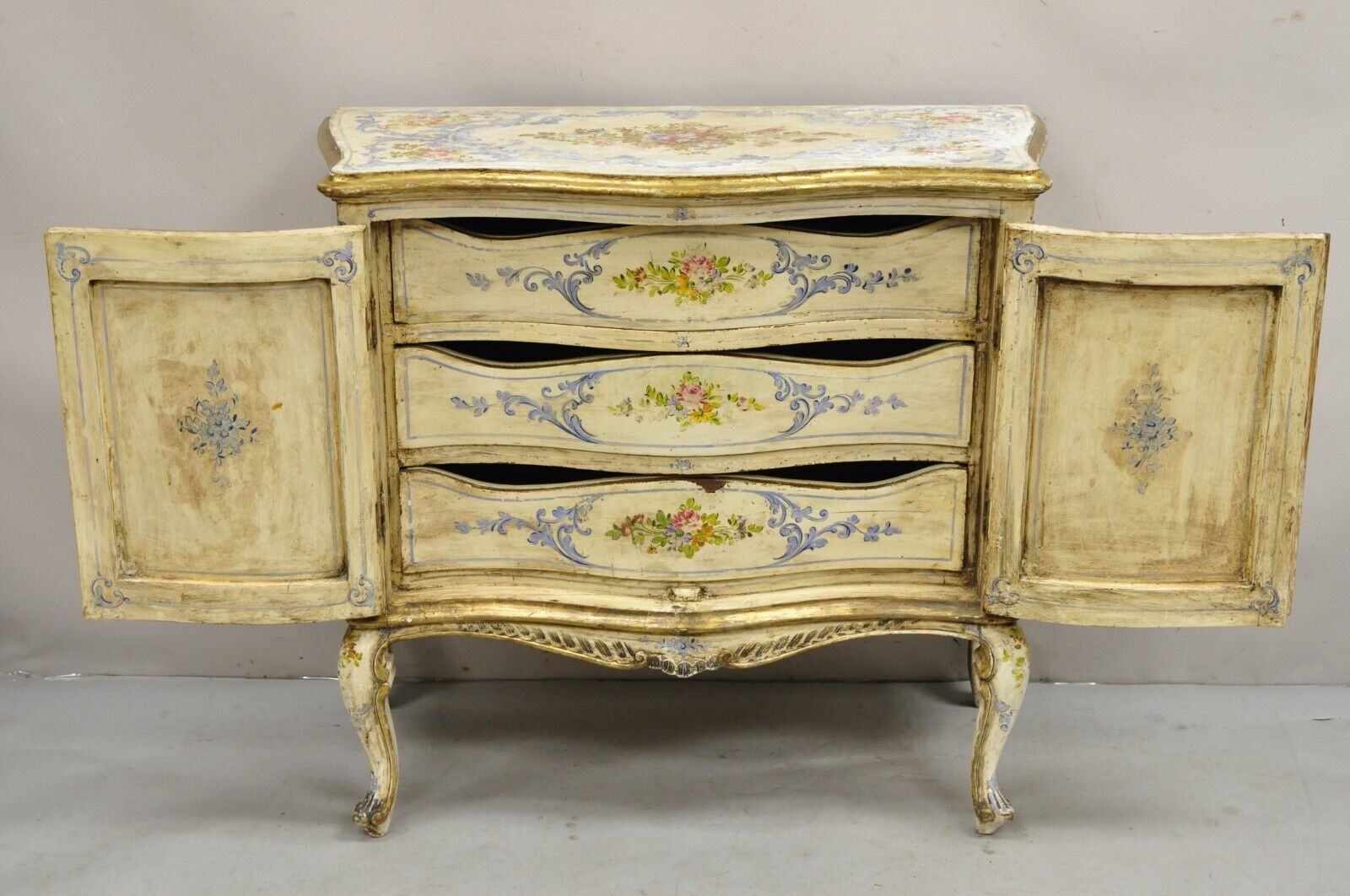 19th C. Italian Venetian Hand Painted Demilune Buffet Cabinet with 3 Drawers