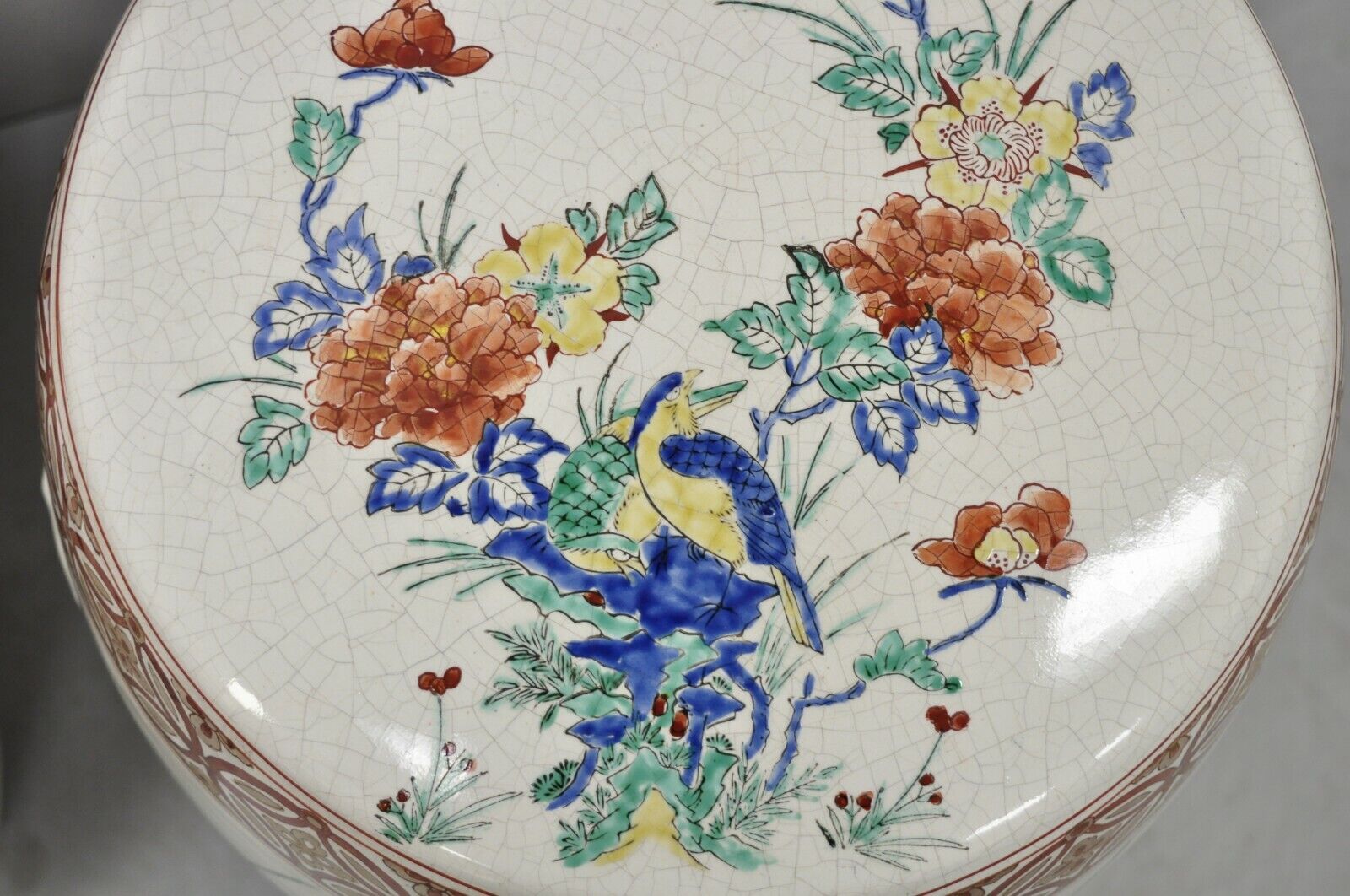 Vintage Porcelain Ceramic Chinoiseries Oriental Red Blue Garden Seat - a Pair