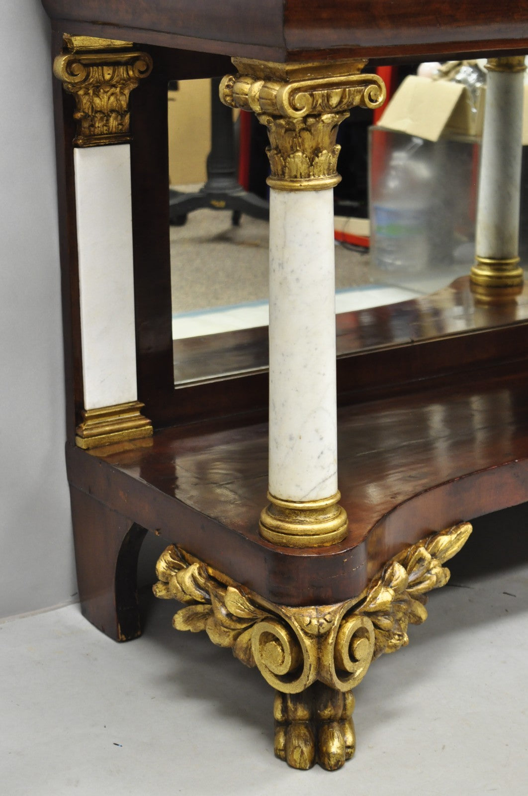 Antique American New York Classical Marble Top Mahogany Console Pier Table