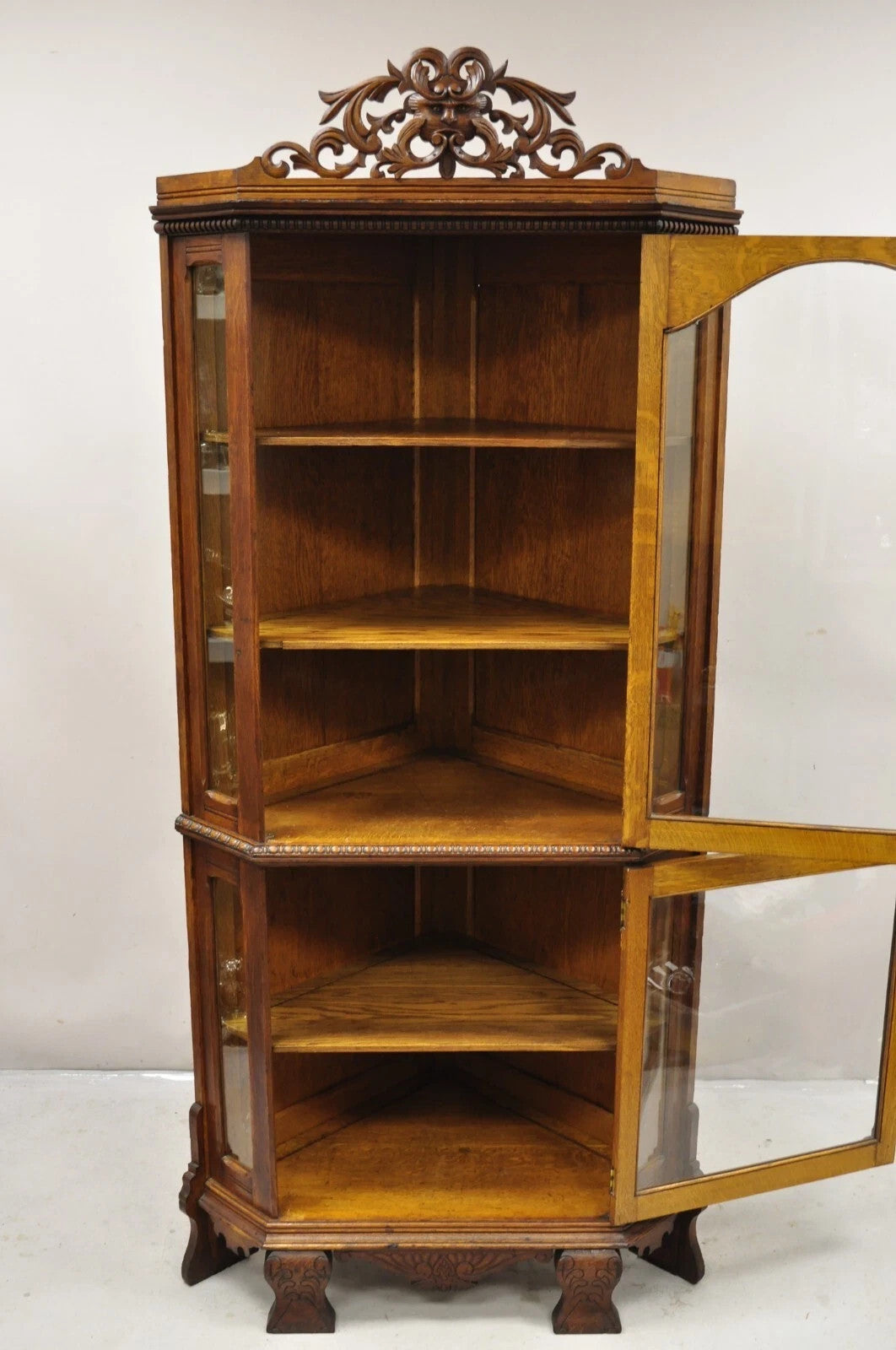 Antique Victorian Renaissance Oak Glass Door Carved Curio Corner China Cabinet