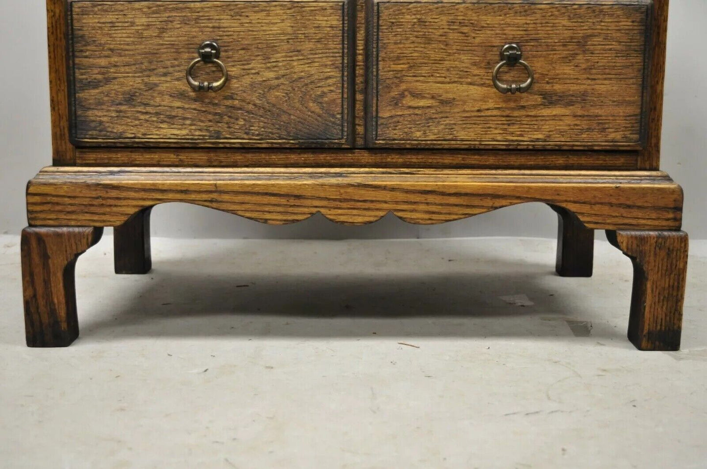 Vintage English Colonial Oak Wood Small Campaign Chest Nightstand Side Table