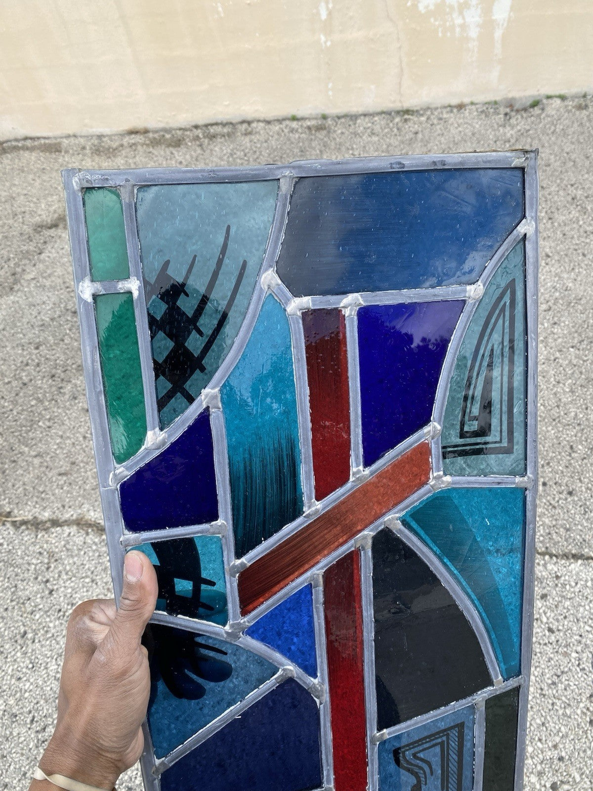 Vintage Art Deco Blue & Red Leaded Stained Glass Church Window w/ Cross 29x13