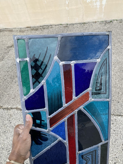 Vintage Art Deco Blue & Red Leaded Stained Glass Church Window w/ Cross 29x13