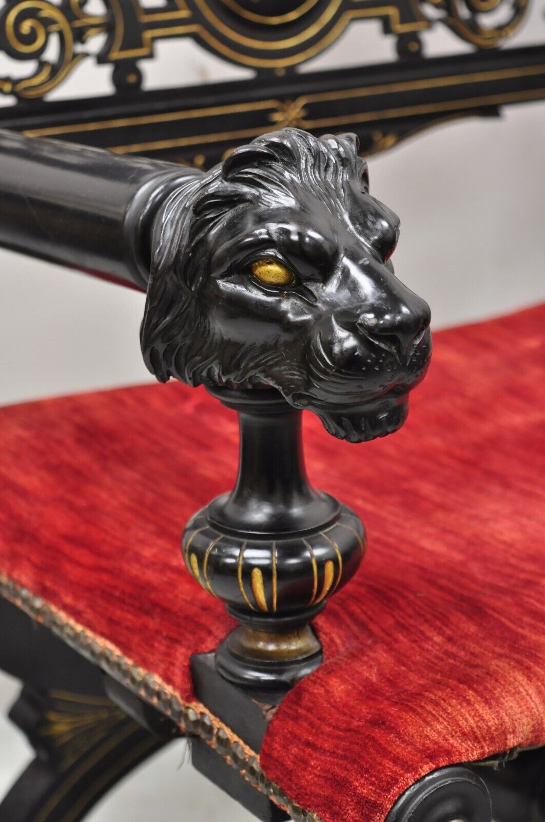 Antique Victorian Aesthetic Movement Ebonized Curule Throne Arm Chair with Lions