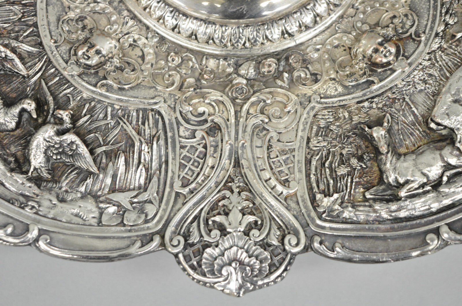 Antique English Victorian Stag Mounted Crystal Glass Inkwell Silver Plated Tray