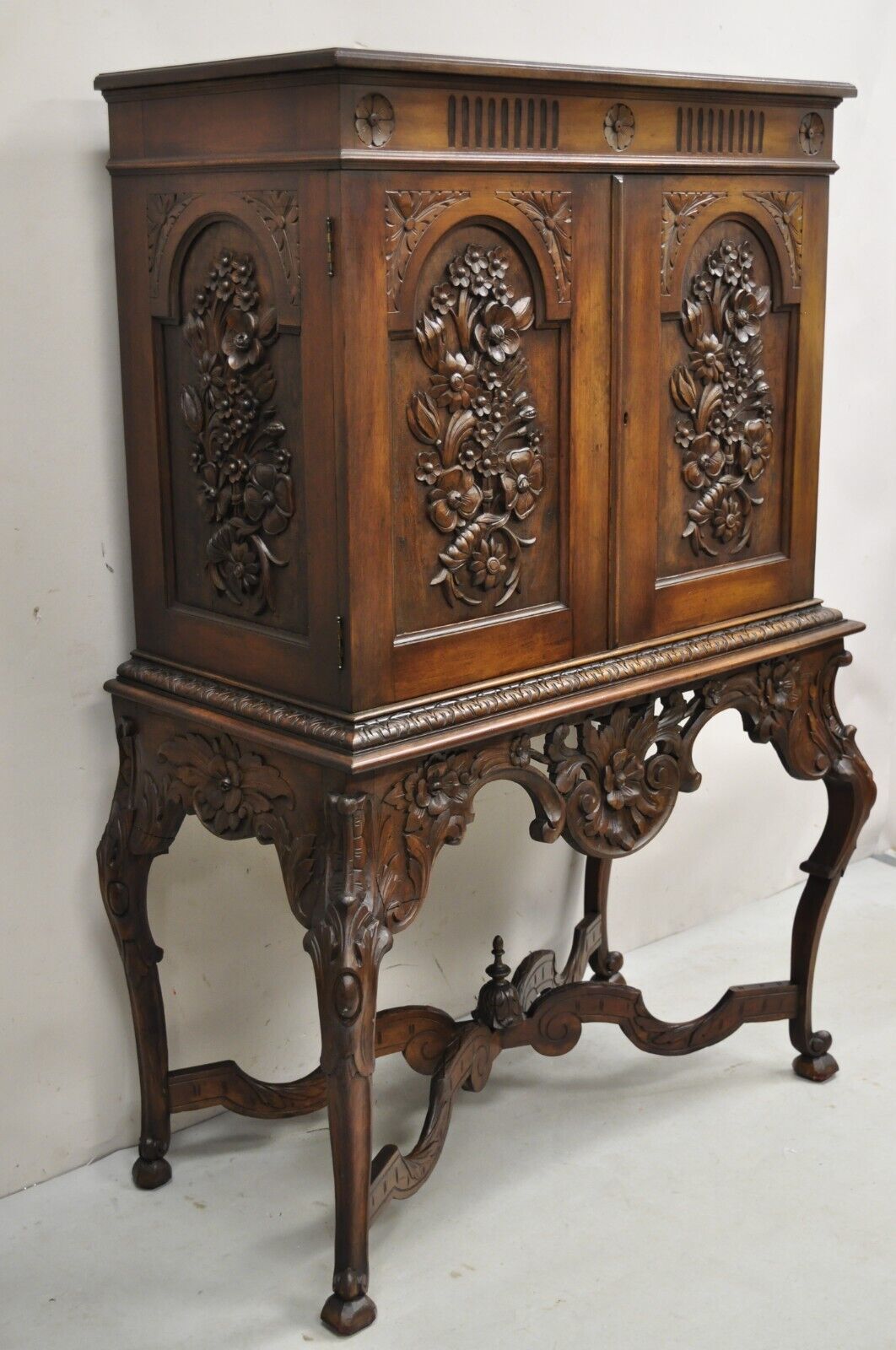 Antique French Renaissance Flower Carved Walnut China Cabinet Radio Bar Cabinet