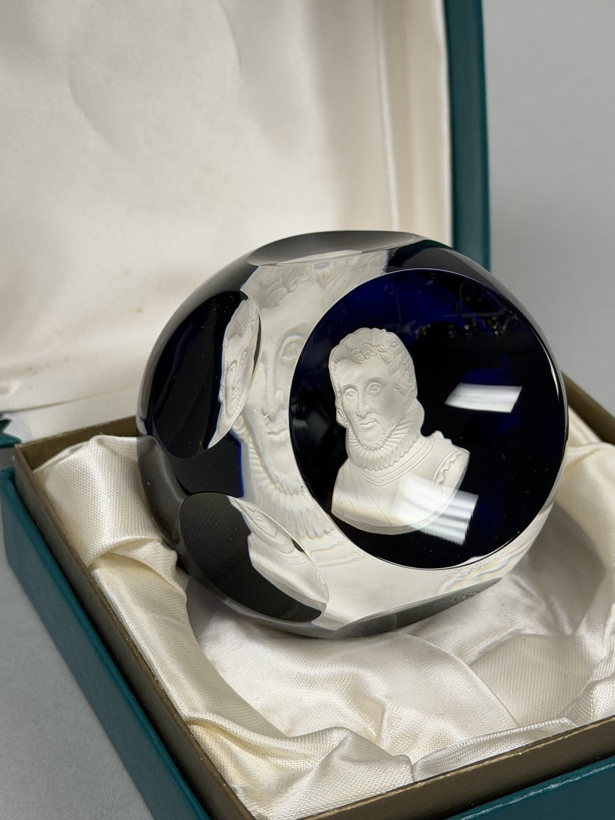 Cristal D'Albret France Christopher Columbus Sulphide Paperweight Faceted Blue