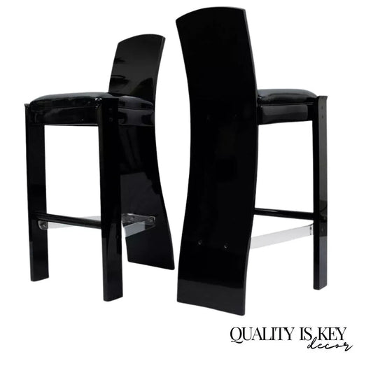 Vintage Mid Century Modern Black Lucite Sculptural Bar Stool Chair by Hill, Pair
