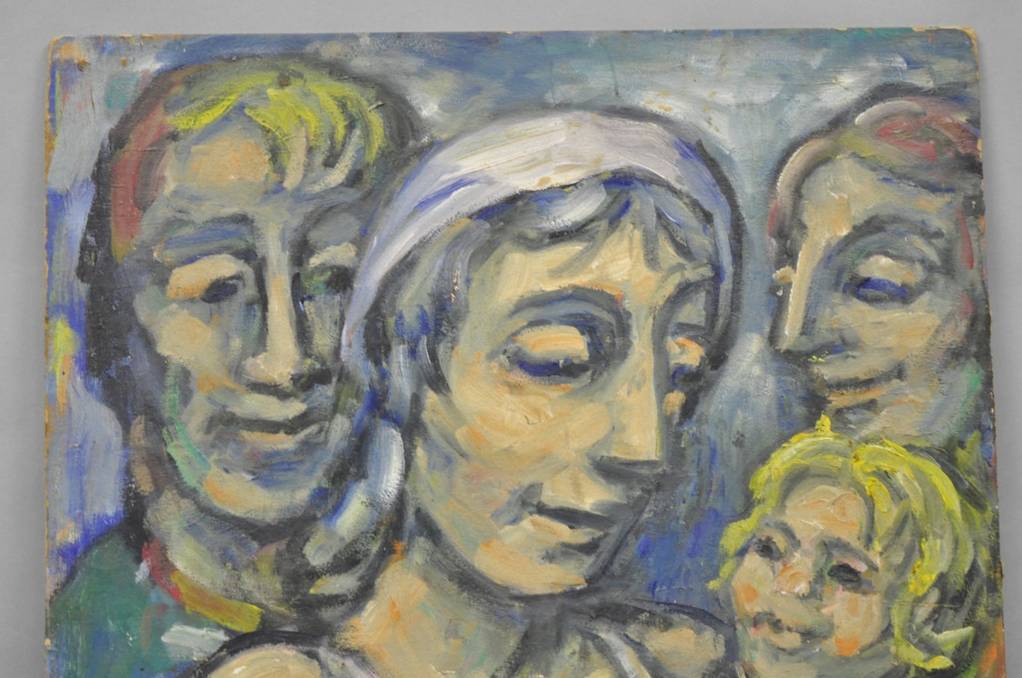 Vintage Samuel Heller "Family Portrait with Child" Oil on Board Painting, Signed