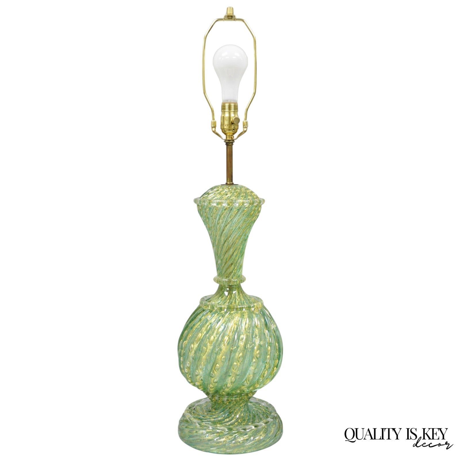 Vintage Barovier & Toso Murano Italy Green Swirl Glass Gold Flecks Table Lamp