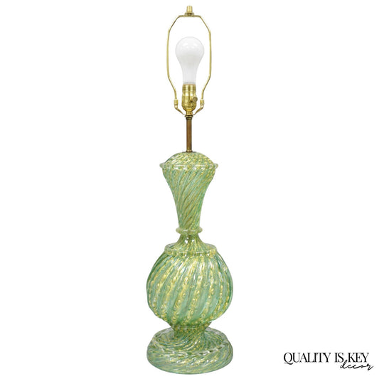 Vintage Barovier & Toso Murano Italy Green Swirl Glass Gold Flecks Table Lamp