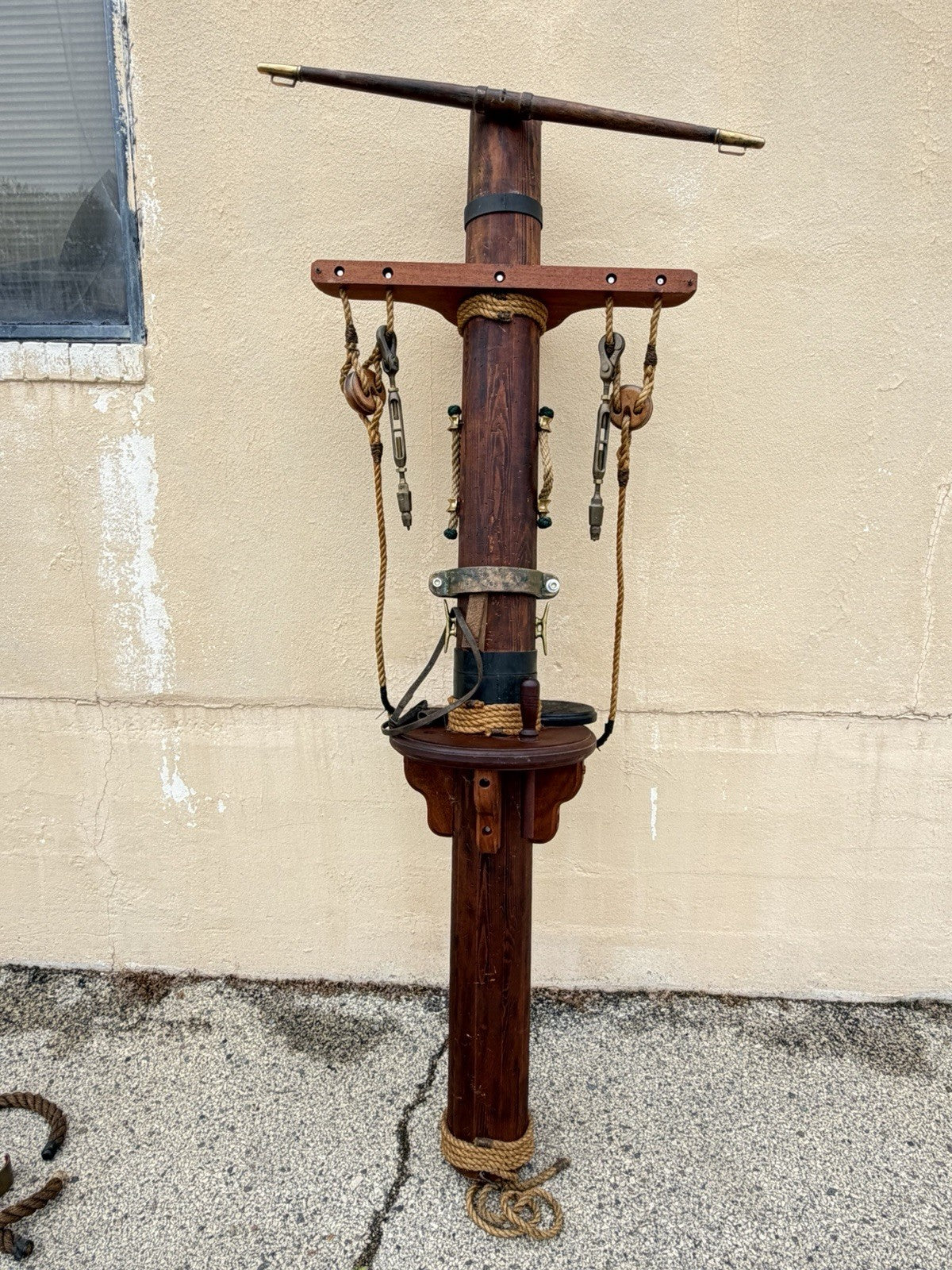 Vintage Custom Nautical Wood 95" Ship Mast Mancave Bar Island w Pulley & Ropes