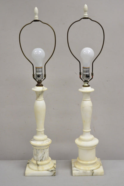 Vintage Italian Classical Carved White Marble Column Table Lamps - a Pair