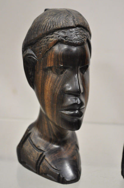 Vintage African Carved Ebony Wood 7" Male and Female Bust Statue Sculpture