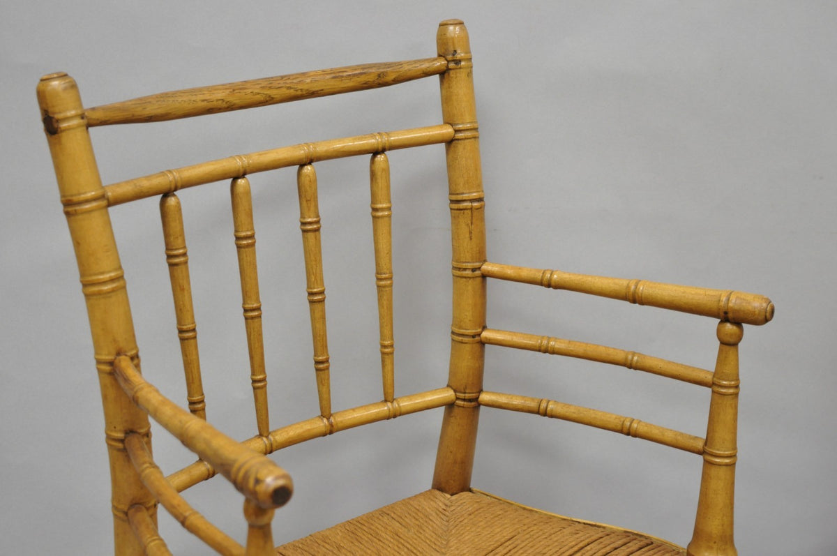 Antique English Regency Faux Bamboo Rush Seat Wooden Dining Chairs - Set of 6
