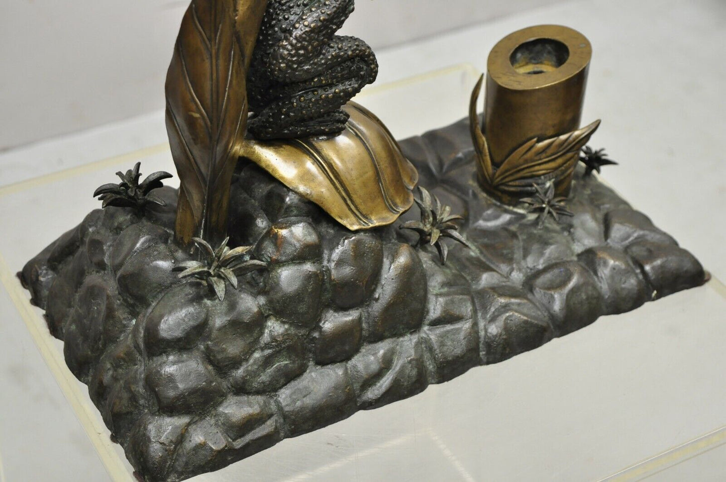 Maitland Smith Bronze Toad Frog Lily Pad Inkwell Pen Holder 18" Sculpture Statue