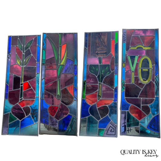 Vintage "Yo" & Door Art Deco Blue & Red Leaded Stained Glass Window 43x15 - 4 Pc