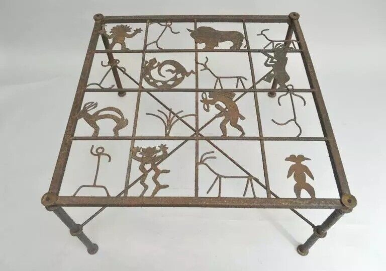 Native American Glyph Figures Metal and Glass Square Brutalist Coffee Table