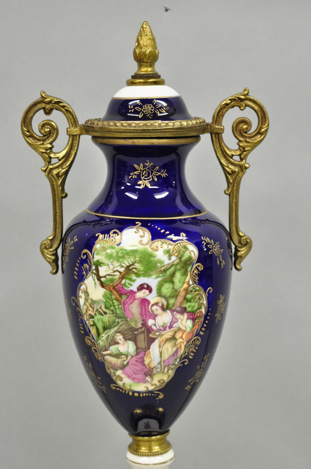Vintage French Victorian Style Hand Painted Cobalt Blue Decorative Porcelain Urn