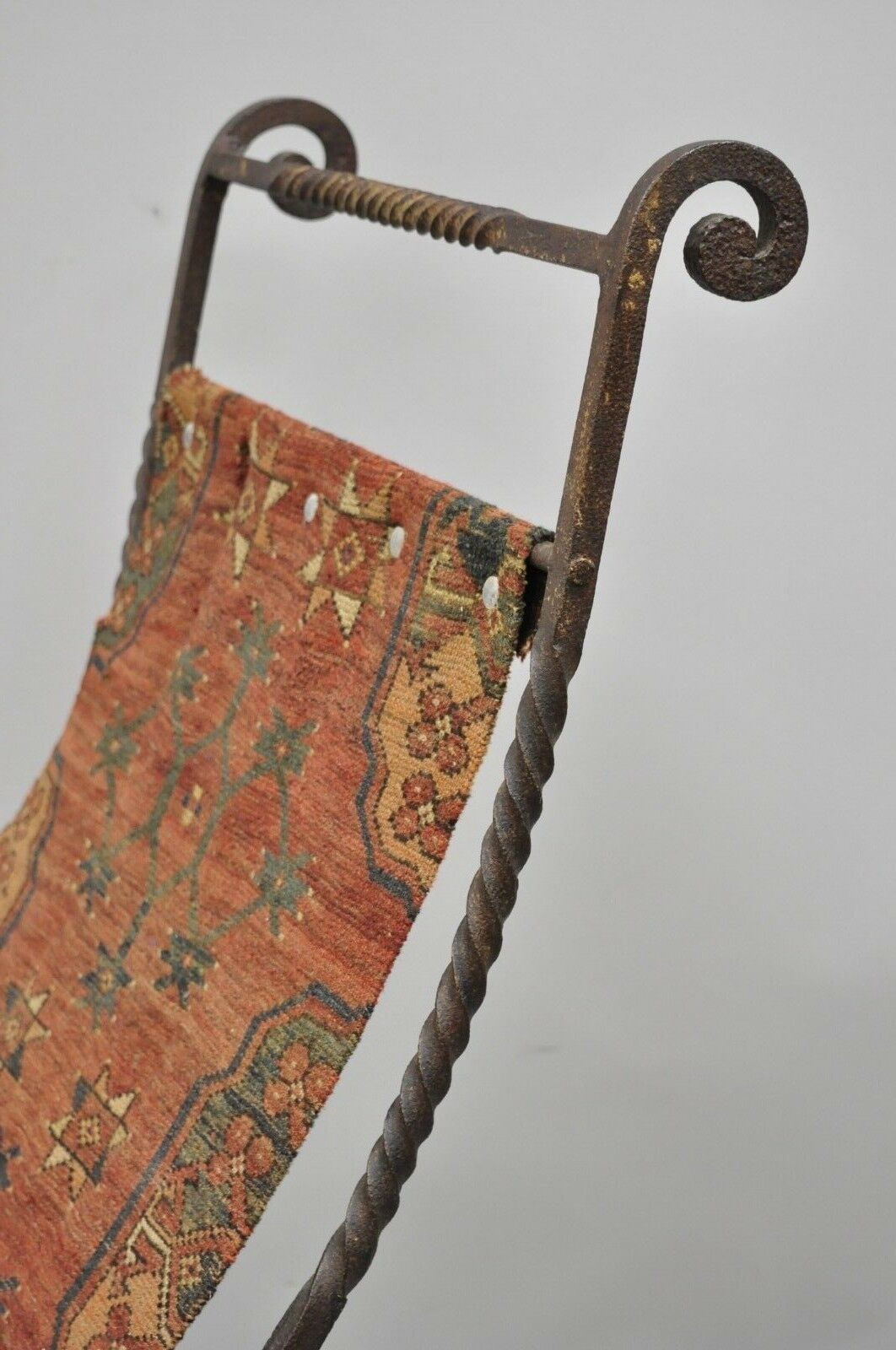 19th C. Renaissance Wrought Iron Curule Savonarola Carpet Sling Side Chair