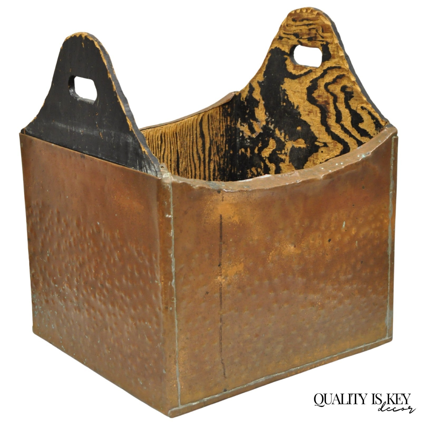Antique French Country Primitive Copper & Wood Black Grain Painted Grain Bin