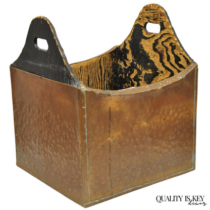 Antique French Country Primitive Copper & Wood Black Grain Painted Grain Bin