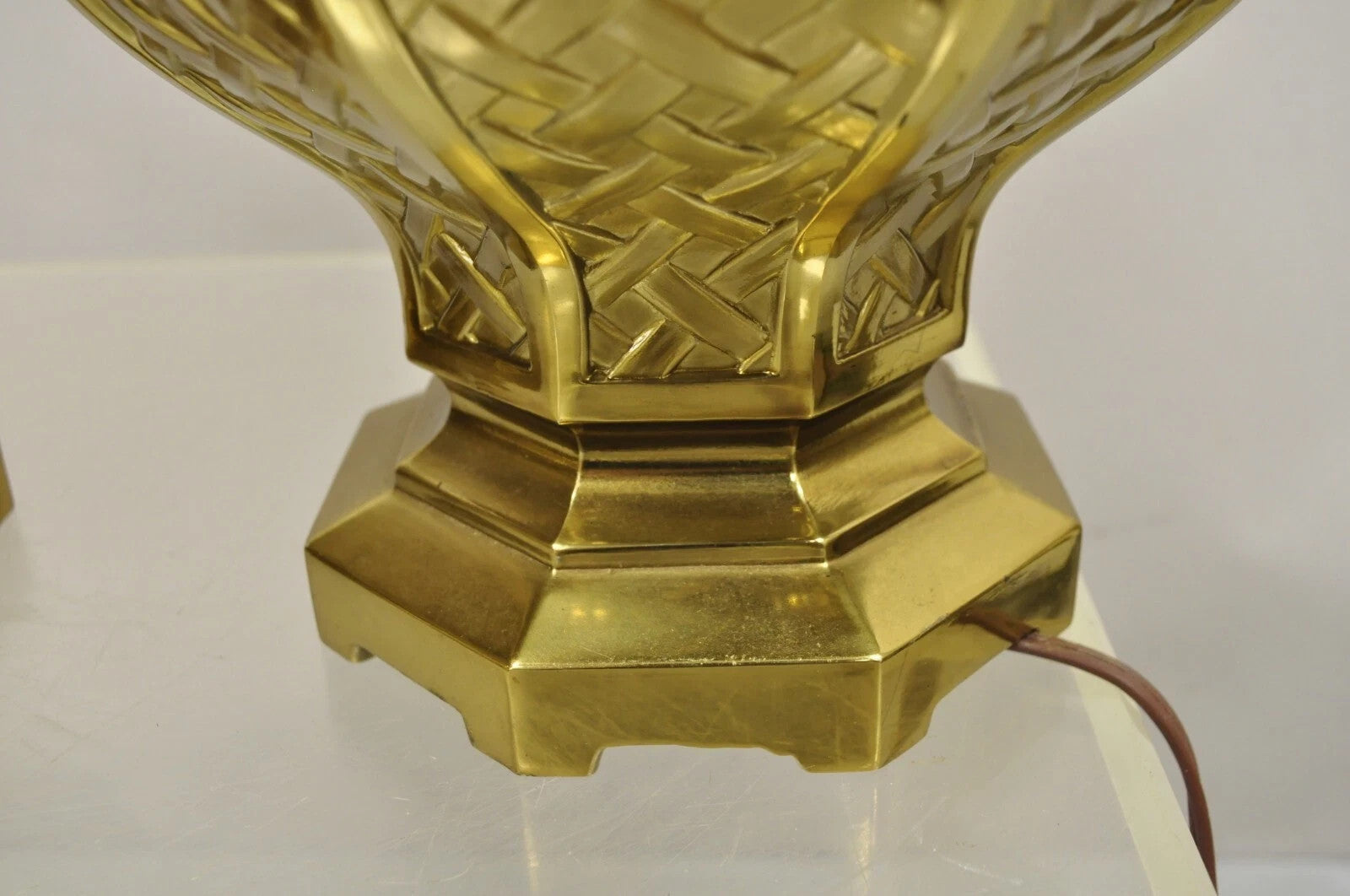 Vintage Hollywood Regency Brass Woven Basket Basketweave Table Lamps - a Pair